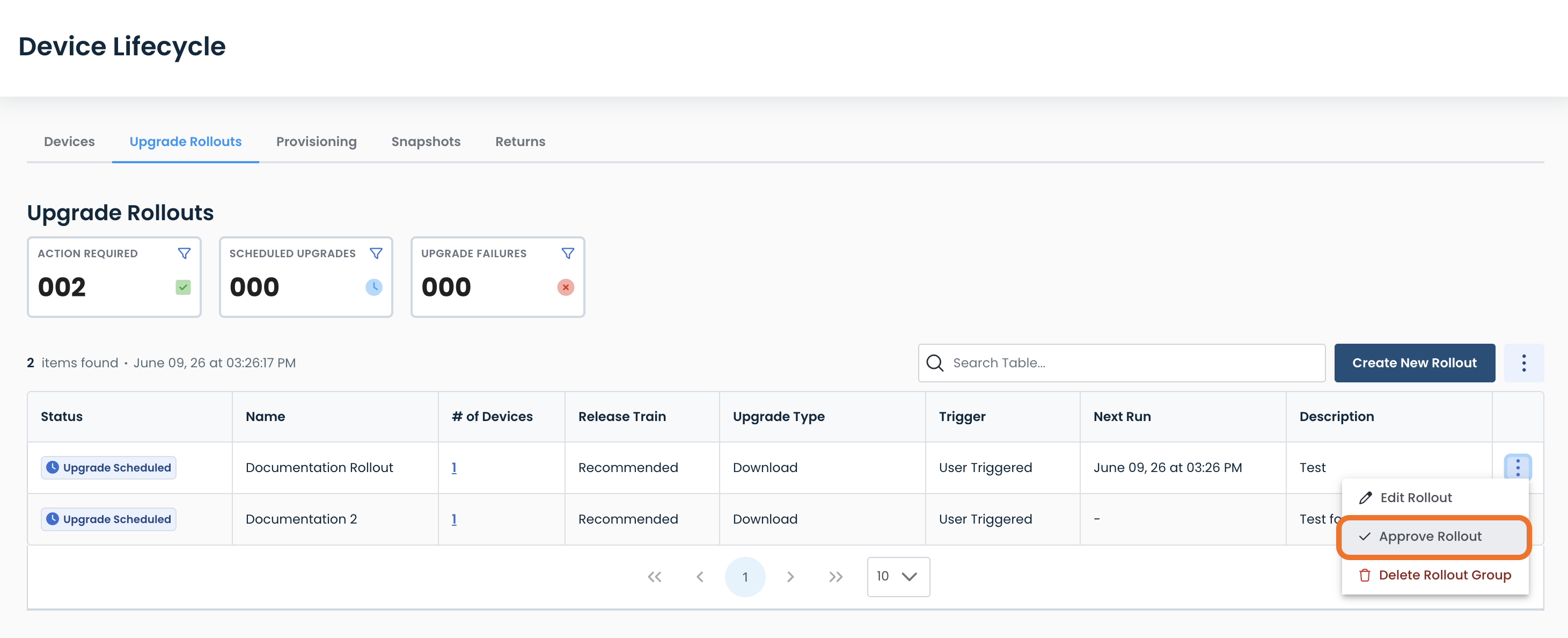 Overview of device upgrade rollouts with action required and scheduled upgrades displayed.